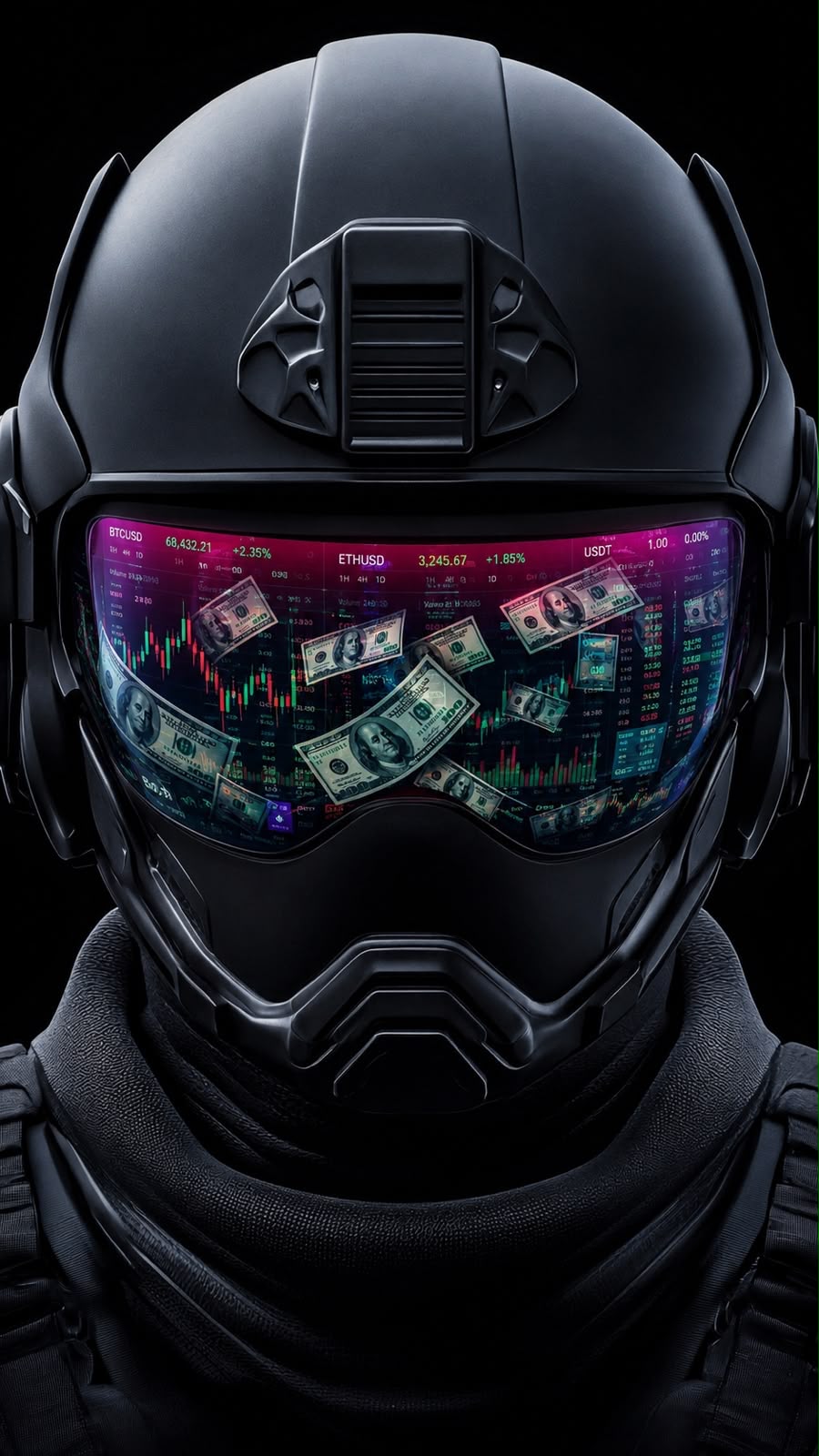 Hercules Sovereign trading robot in a black helmet with a neon trading visor